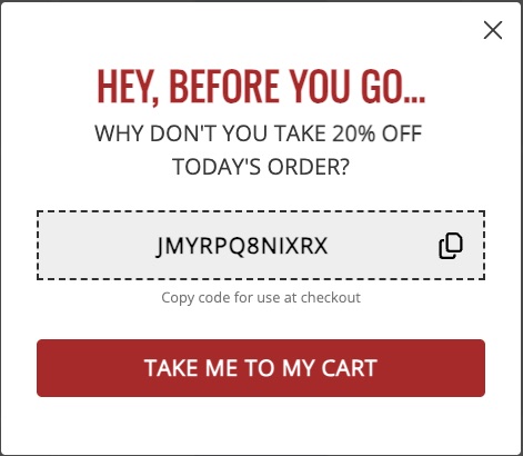 Exit offer popup showing a unique single-use discount code