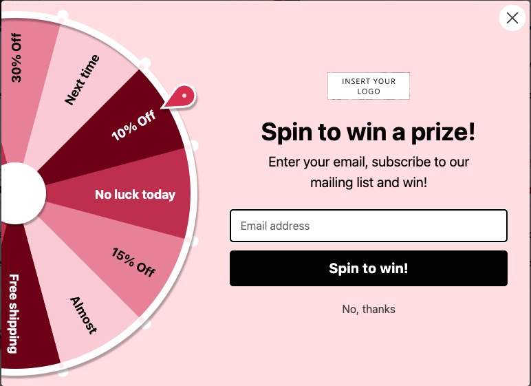 Spin-to-win popup with a prize wheel and an email field