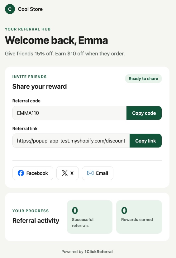 Advocate referral page showing code, link, share buttons, and referral activity