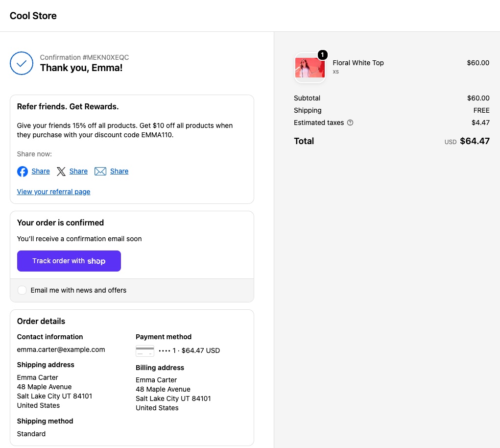 Shopify Thank You page with the 1ClickReferral widget showing a personal referral code and share buttons